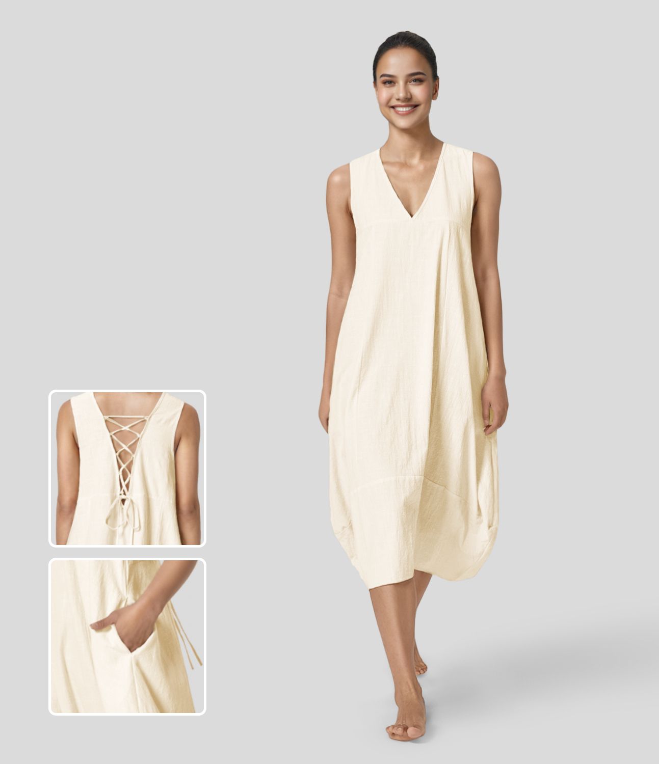 Sleeveless, backless, tie-up, casual flowy midi dress in cotton with side pockets and lacing