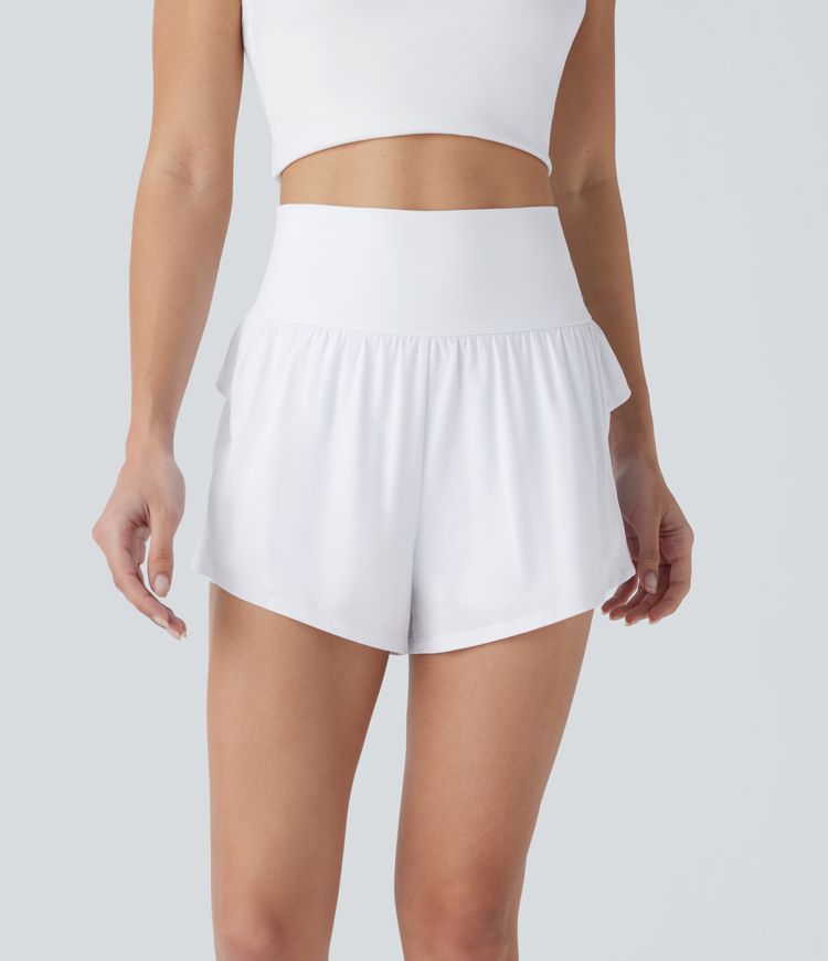 Breezeful™ High Waisted Ruffle Contrast Mesh 2-in-1 Quick Dry Yoga Shorts