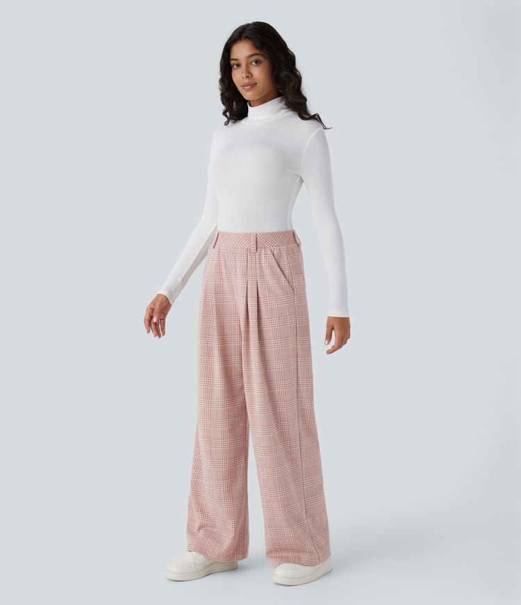 High Waisted Pocket Wide Leg Houndstooth Plaid Casual Pants