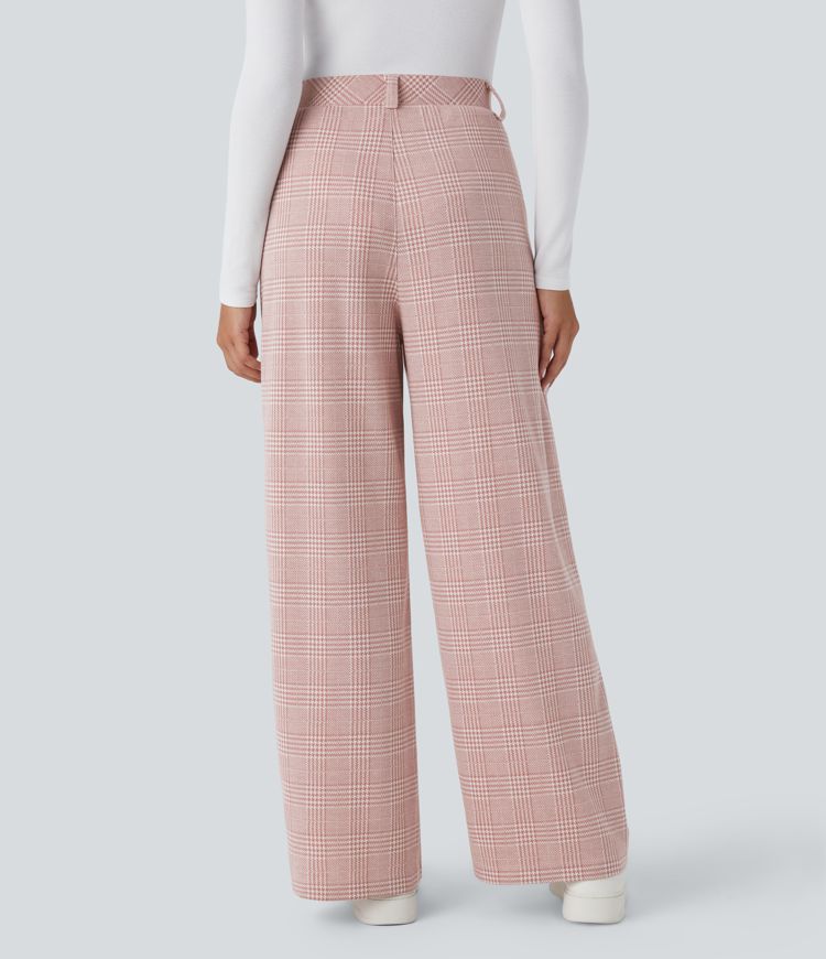 High Waisted Plicated Side Pocket Wide Leg Houndstooth Plaid Casual Pants