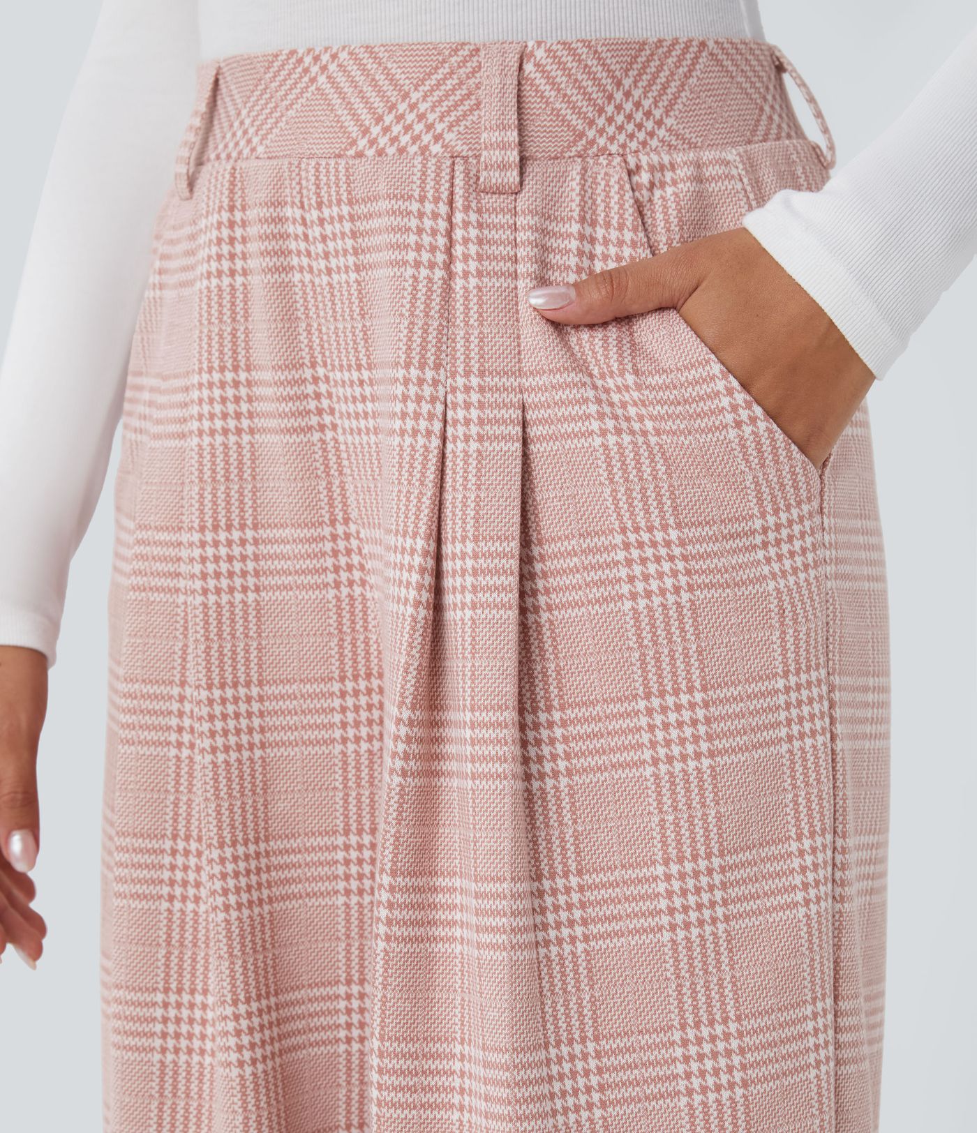 High Waisted Pocket Wide Leg Houndstooth Plaid Casual Pants