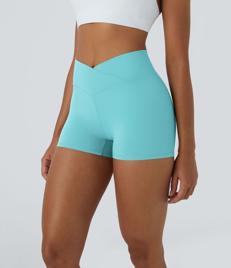 Softlyzero™ High Waisted Crossover Plain Yoga Biker Shorts 3''