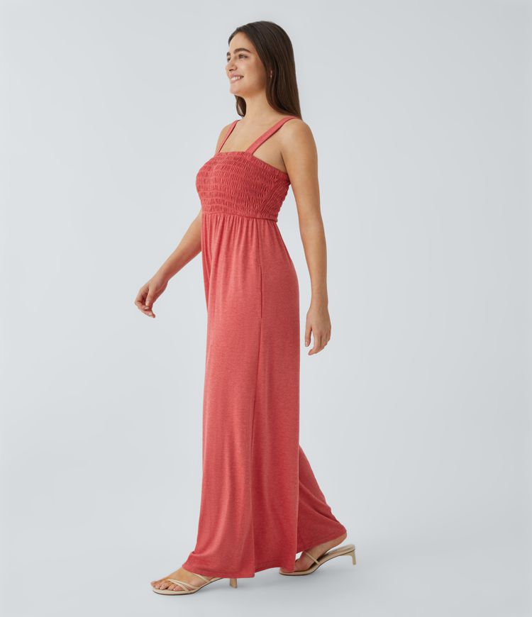 Square neck Shirring Side Pocket Wide Vacation Look Jumpsuit