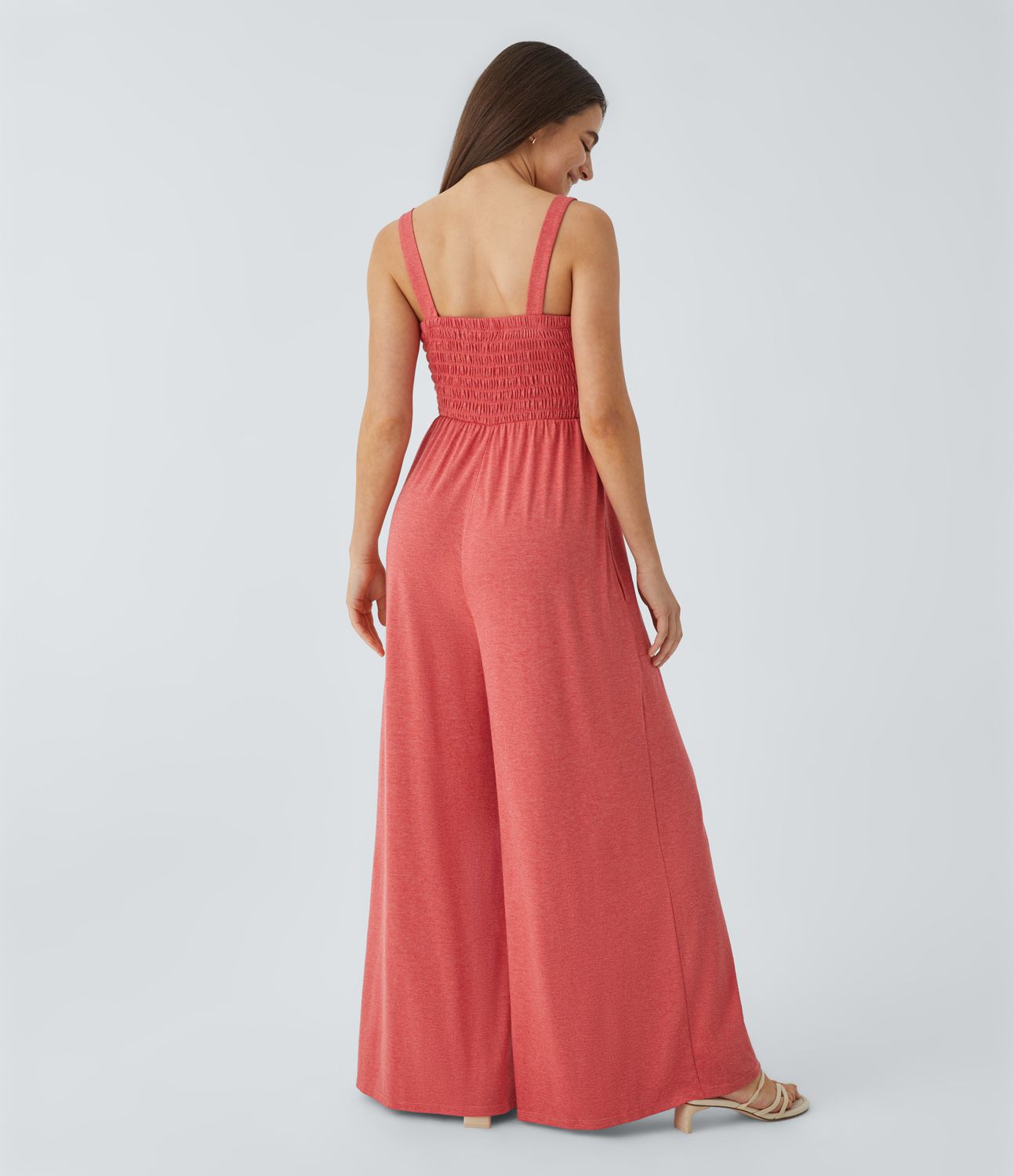 Square neck Shirring Side Pocket Wide Vacation Look Jumpsuit