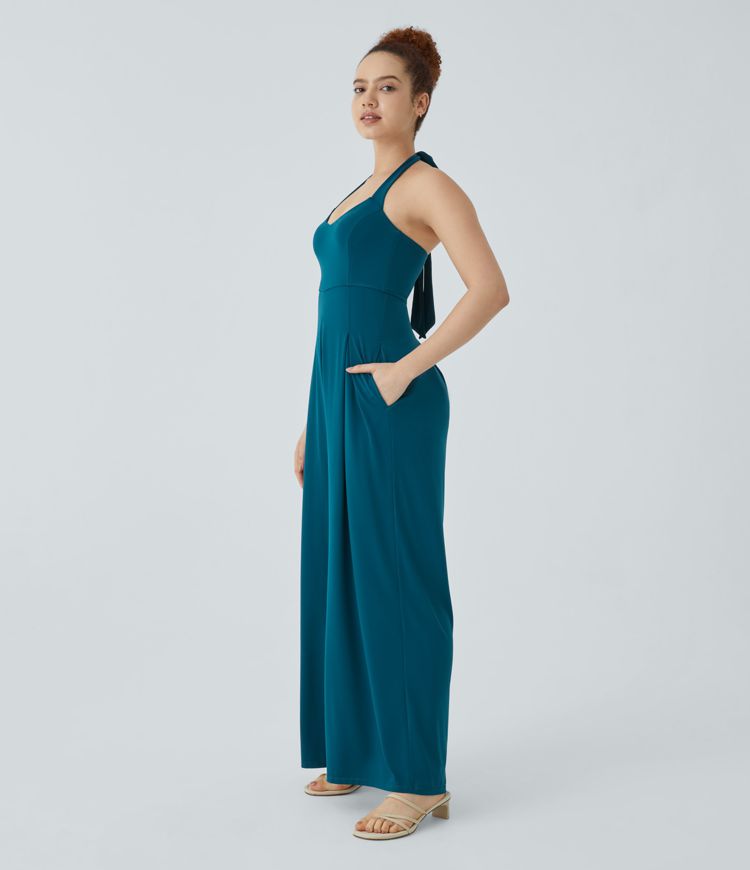 Tie-straps Backless Pocketed Cotton Jumpsuits main image 0