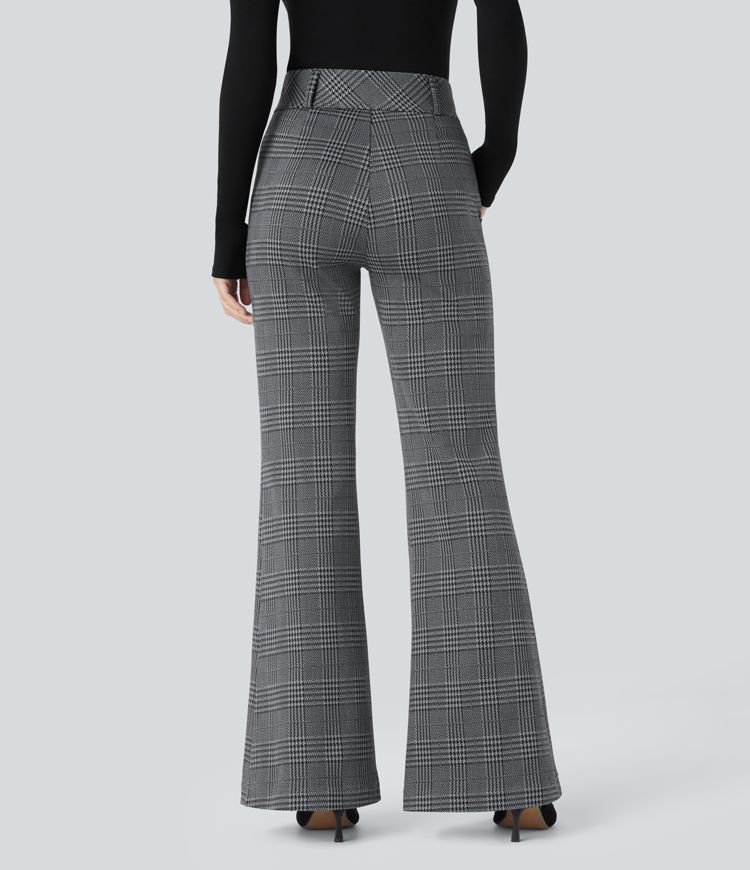 Halara Flex™ high-waist decorative button side pocket houndstooth plaid workwear flare pants