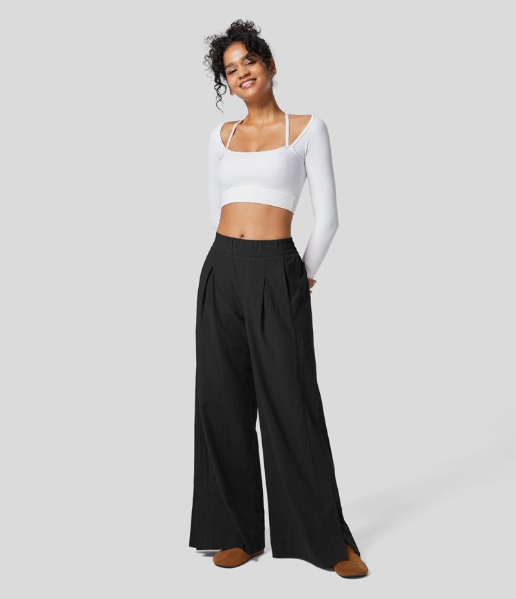 Pantalon Large Palazzo Casual Taille Haute Effet Lin avec Fermeture Éclair Plis Poches Latérales Ourlet Fendu