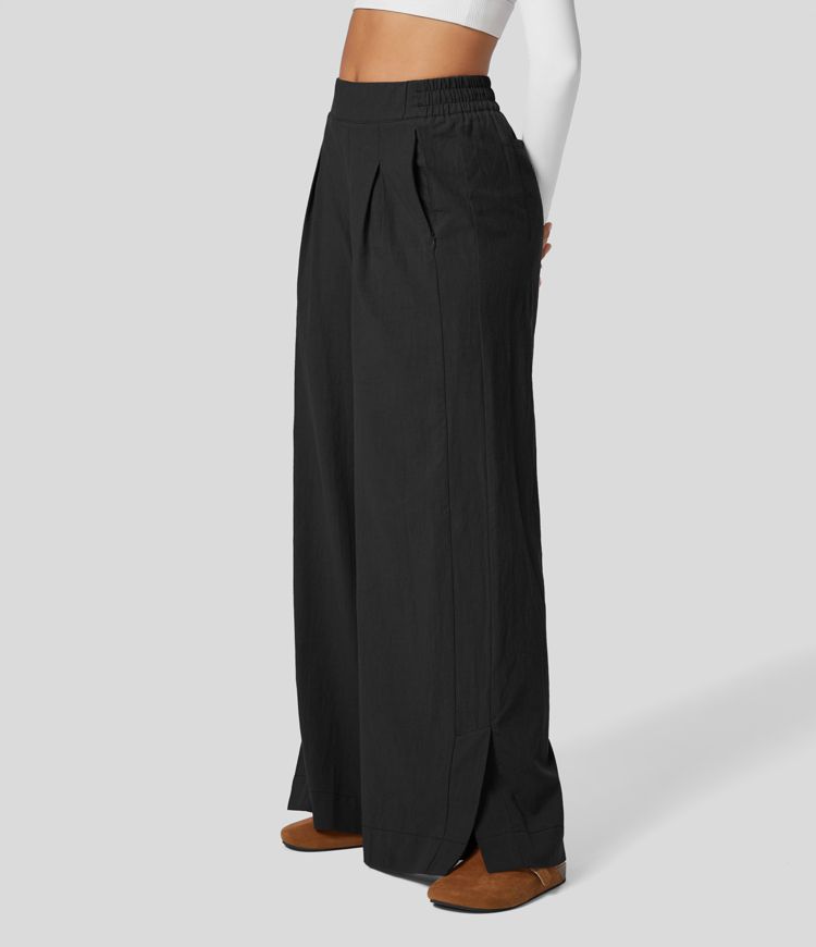 Pantalon Large Palazzo Casual Taille Haute Effet Lin avec Fermeture Éclair Plis Poches Latérales Ourlet Fendu