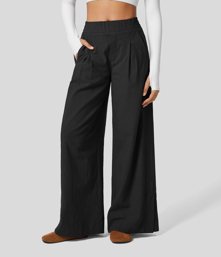 Pantalones palazzo tiro alto cremallera plisada bolsillo lateral dobladillo dividido pierna ancha