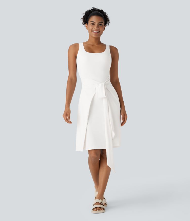 Softlyzero™ QuickDry Square Neck Backless Tie Front Midi Casual Dress