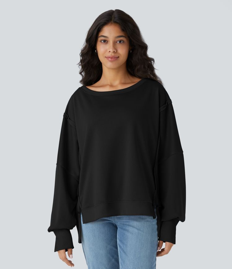 Round Neck Dropped Shoulder Long Sleeve High Low Split Hem Relaxed Casual Sweatshirt