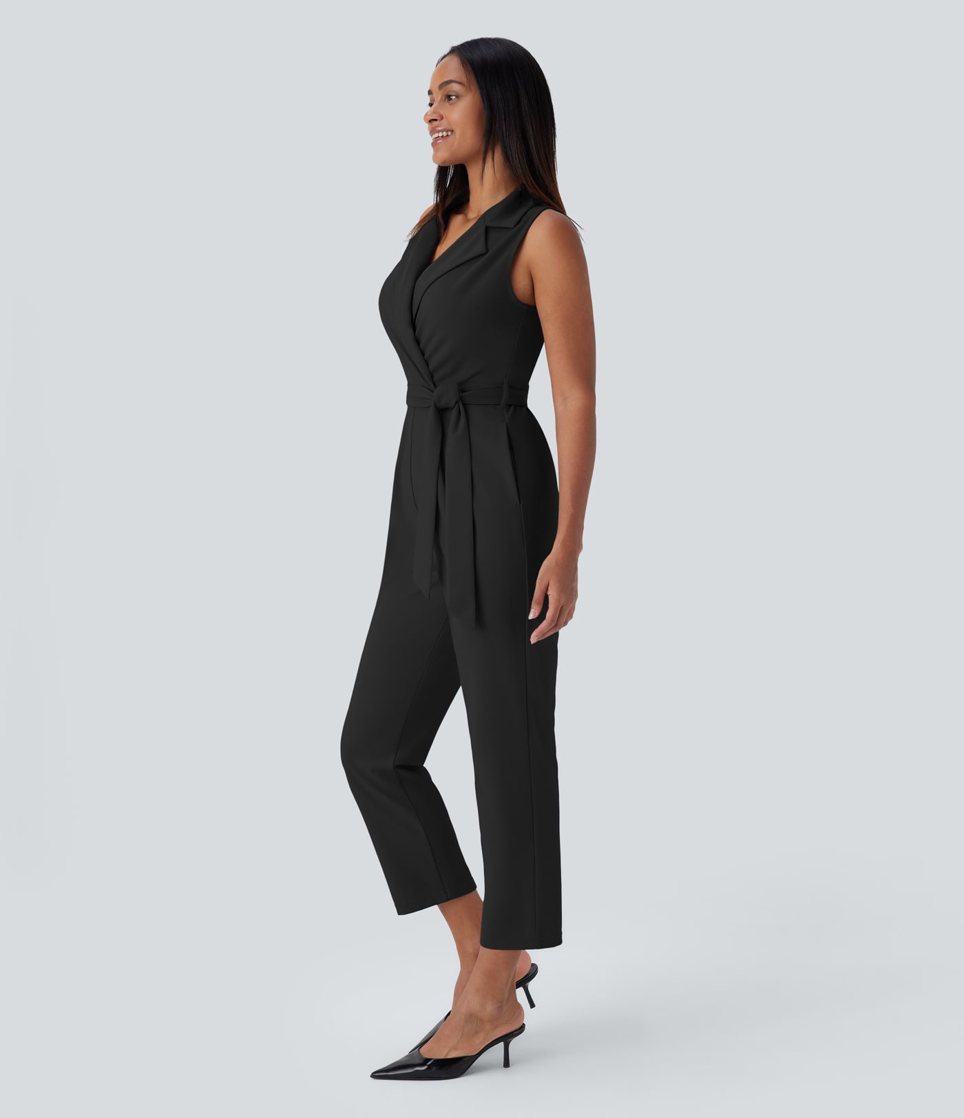 Sleeveless Pockets Belted Tapered Work Jumpsuit