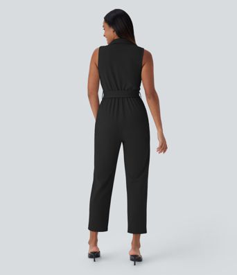 Sleeveless Pockets Belted Tapered Work Jumpsuit