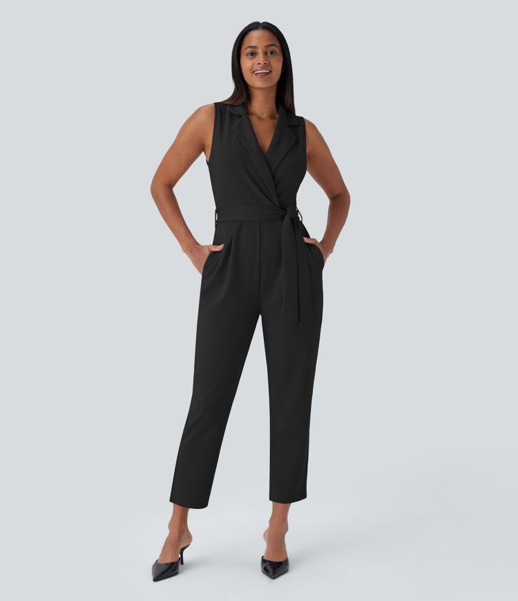 Sleeveless Pockets Belted Tapered Work Jumpsuit