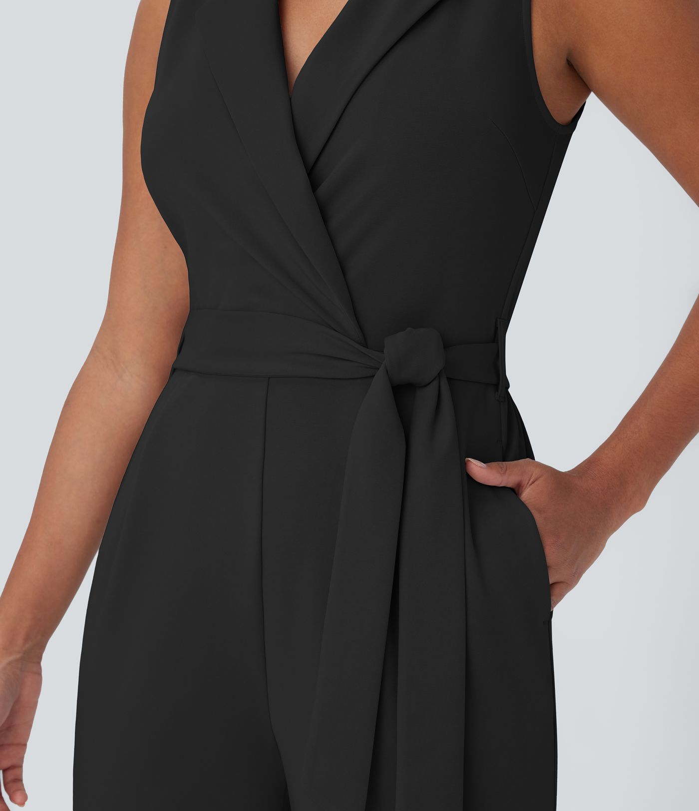 Sleeveless Pockets Belted Tapered Work Jumpsuit