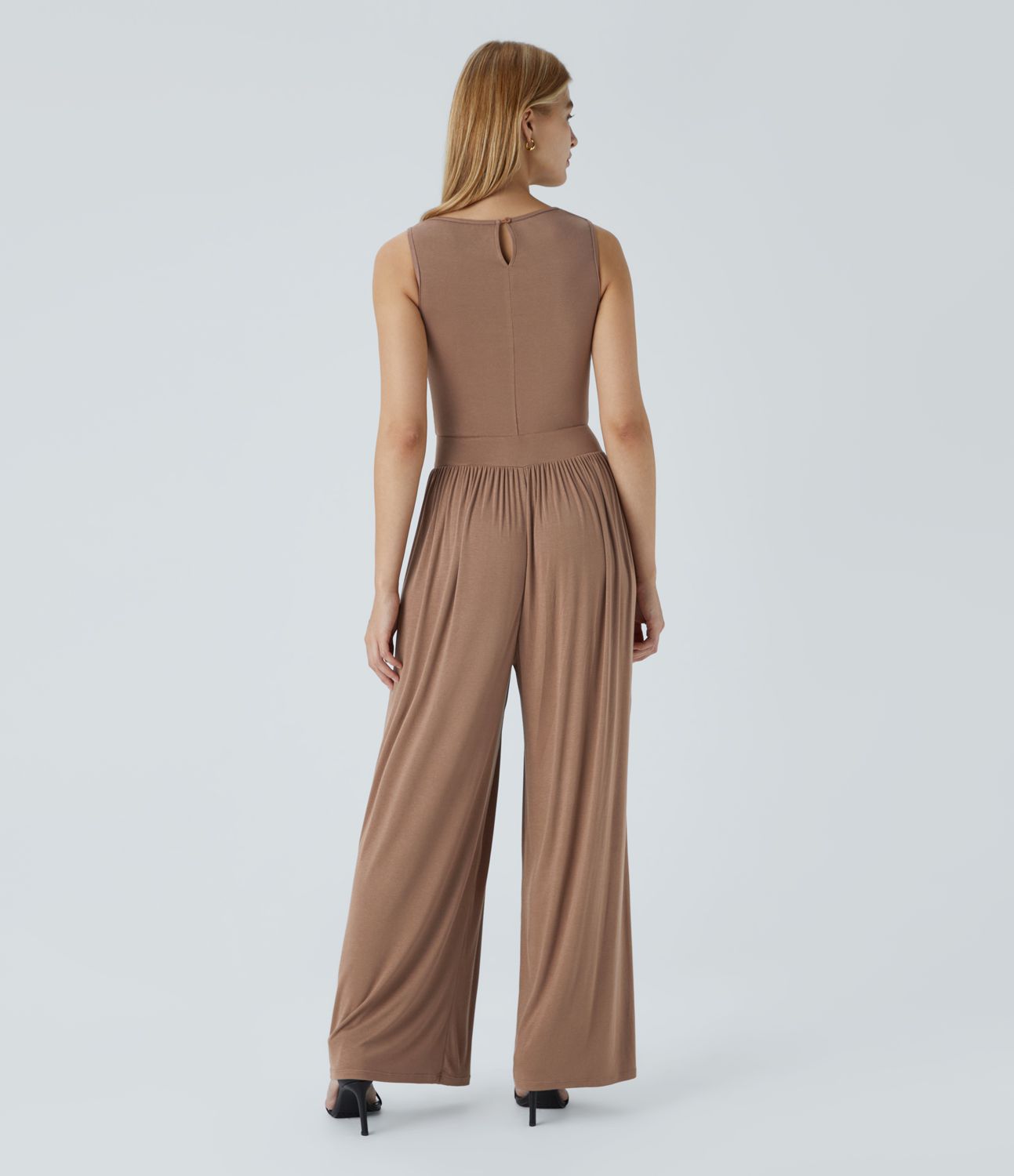 Ribbed boat neck sleeveless button back pleated embellishment side pockets wide casual jumpsuit