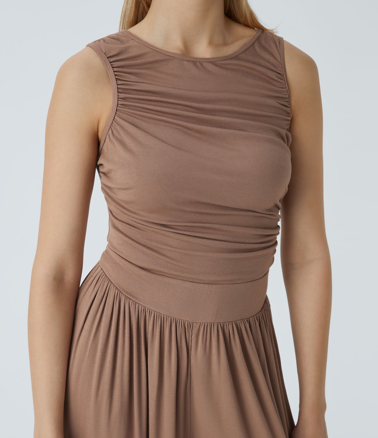 Ribbed boat neck sleeveless button back pleated embellishment side pockets wide casual jumpsuit