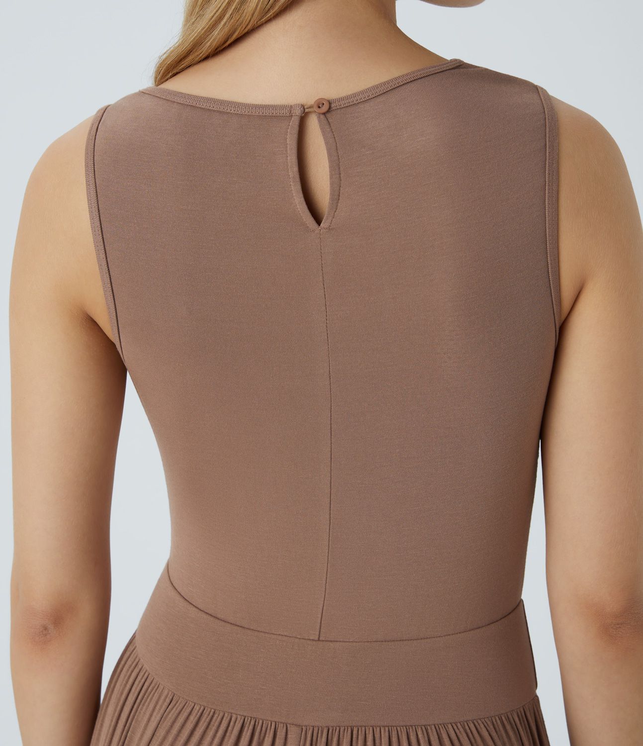 Ribbed boat neck sleeveless button back pleated embellishment side pockets wide casual jumpsuit