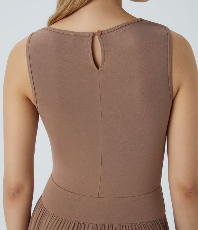 Ribbed boat neck sleeveless button back pleated embellishment side pockets wide casual jumpsuit