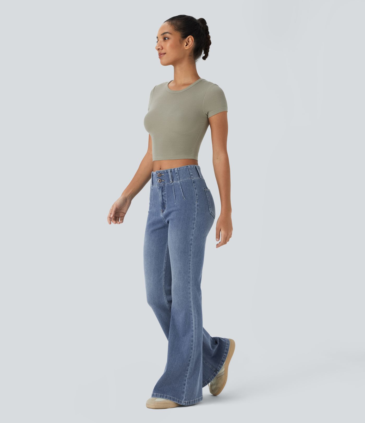 Halara Flex™ Hochgeschnittene Jeans mit Reißverschlusstaschen, gewaschen, lässiger Schlag