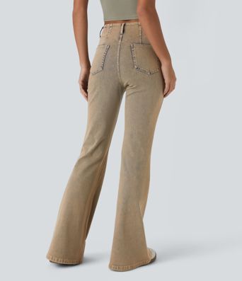 Jeans acampanados casuales de cintura alta Halara Flex™ con bolsillos con cremallera y lavado