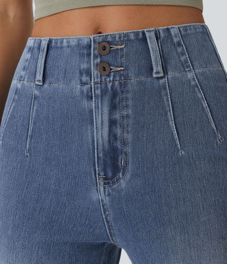 Halara Flex™ High Waisted Button Zipper Back Pockets Washed Stretchy Knit Casual Flare Jeans