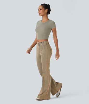 Jeans acampanados casuales de cintura alta Halara Flex™ con bolsillos con cremallera y lavado