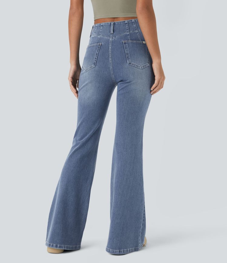 Halara Flex™ High Waisted Button Zipper Back Pockets Washed Stretchy Knit Casual Flare Jeans