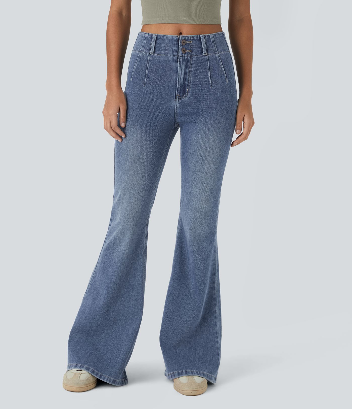 Halara Flex™ Hochgeschnittene Jeans mit Reißverschlusstaschen, gewaschen, lässiger Schlag