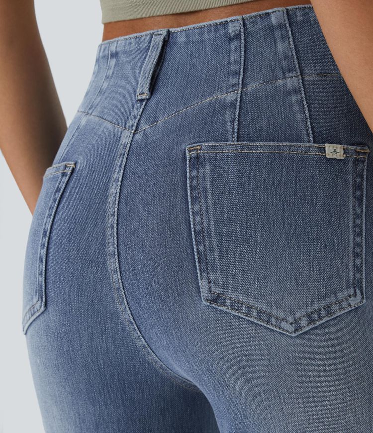 Halara Flex™ High Waisted Button Zipper Back Pockets Washed Stretchy Knit Casual Flare Jeans