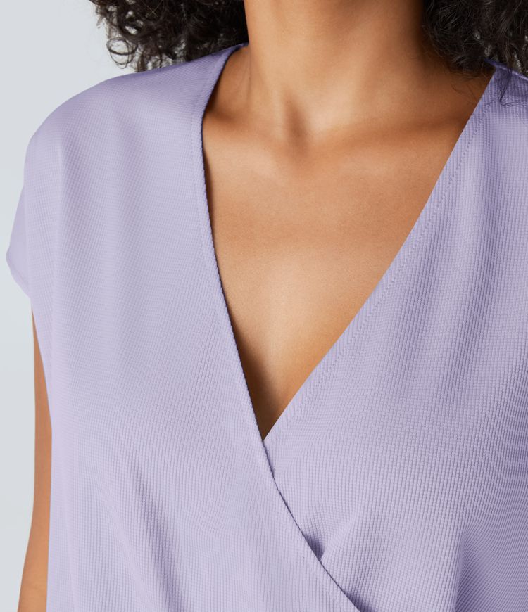 V Neck Short Sleeve Pocket Waffle Casual Romper