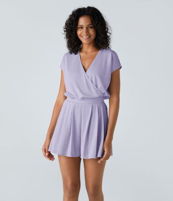 V Neck Short Sleeve Pocket Waffle Casual Romper