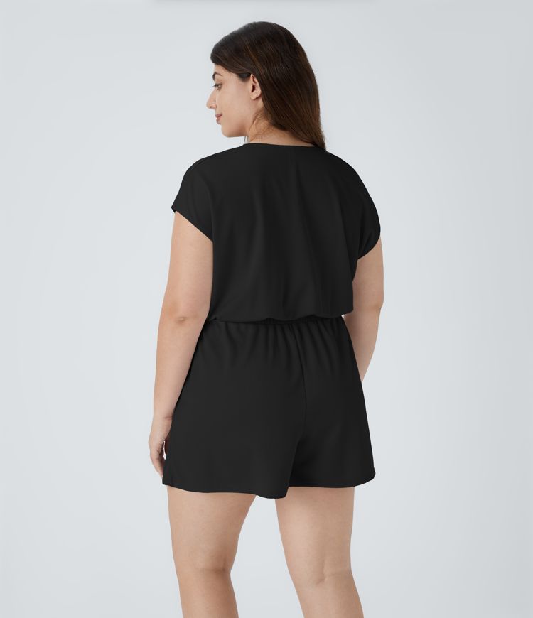 V Neck Short Sleeve Side Pocket Waffle Casual Plus Size Jumpsuit
