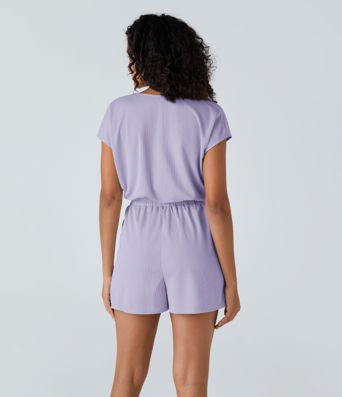 V Neck Short Sleeve Pocket Waffle Casual Romper