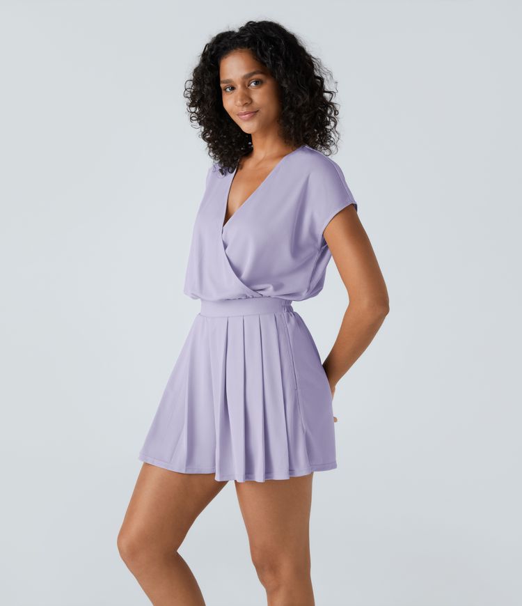 V Neck Short Sleeve Pocket Waffle Casual Romper