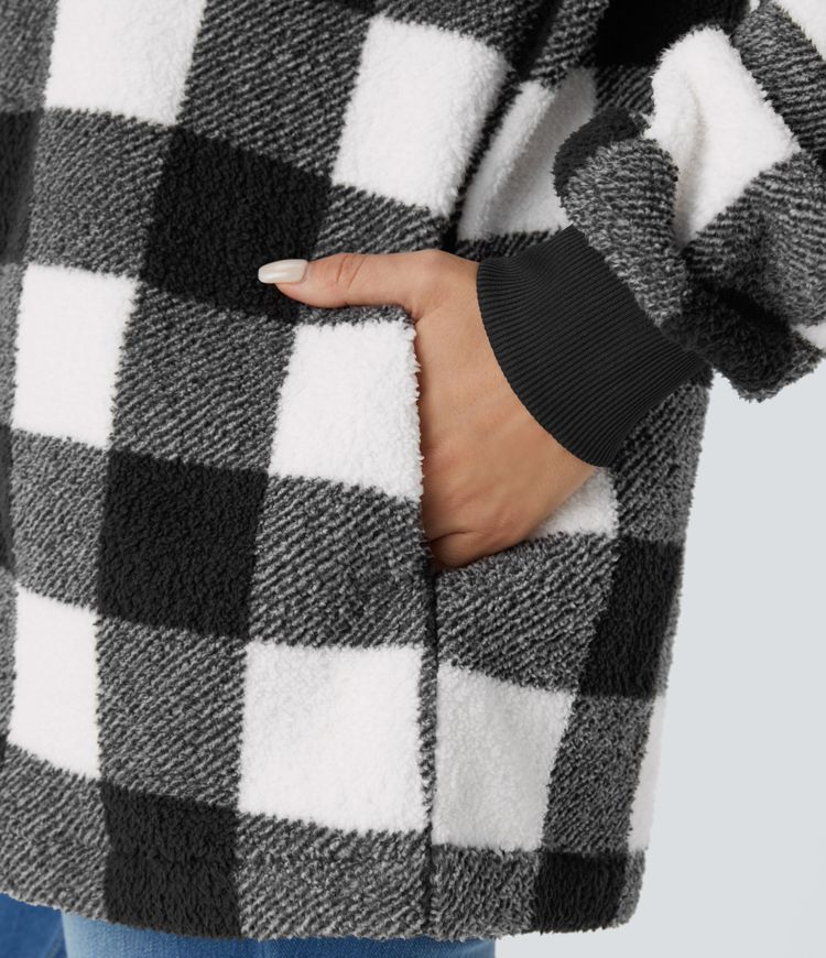 Chaqueta holgada forro polar cuadro cremallera bolsillo lateral manga larga capucha