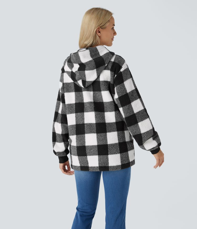 Chaqueta holgada forro polar cuadro cremallera bolsillo lateral manga larga capucha