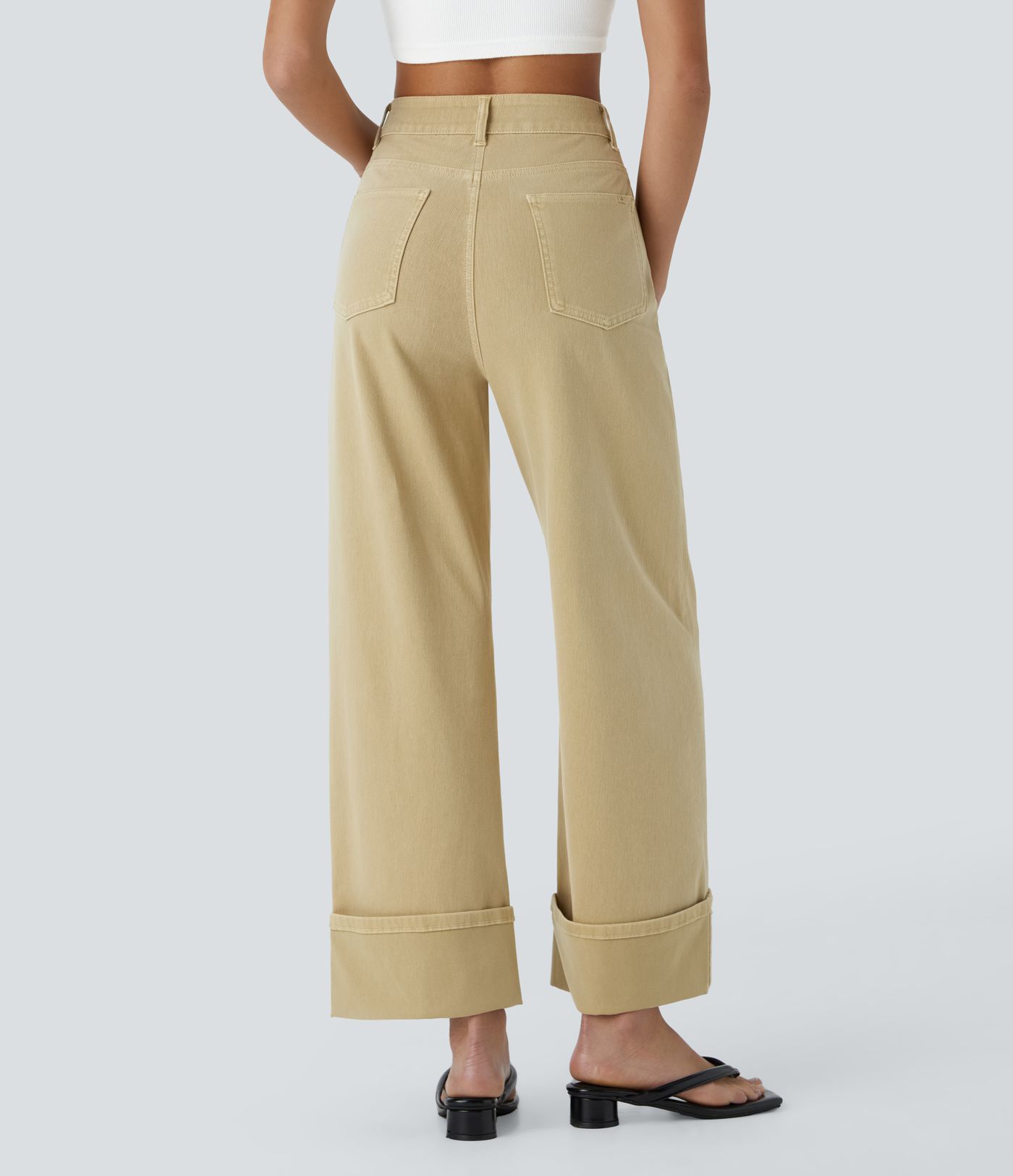 Jean décontracté Halara Flex™ taille haute en maille extensible effet délavé, coupe large à revers et poches multiples