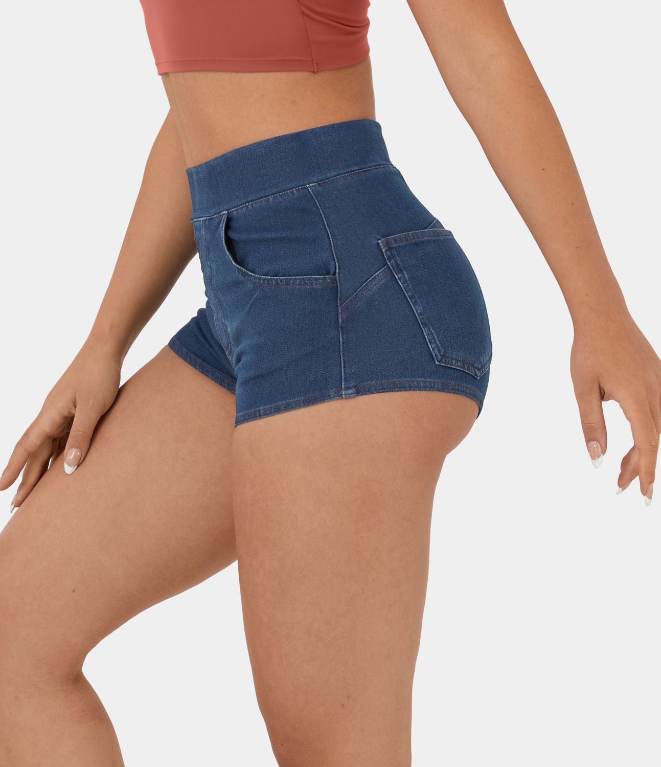 Halara Flex™ High Waisted Multiple Pockets Cool Touch Breathable Washed Stretchy Knit Denim Casual Shorts 2''