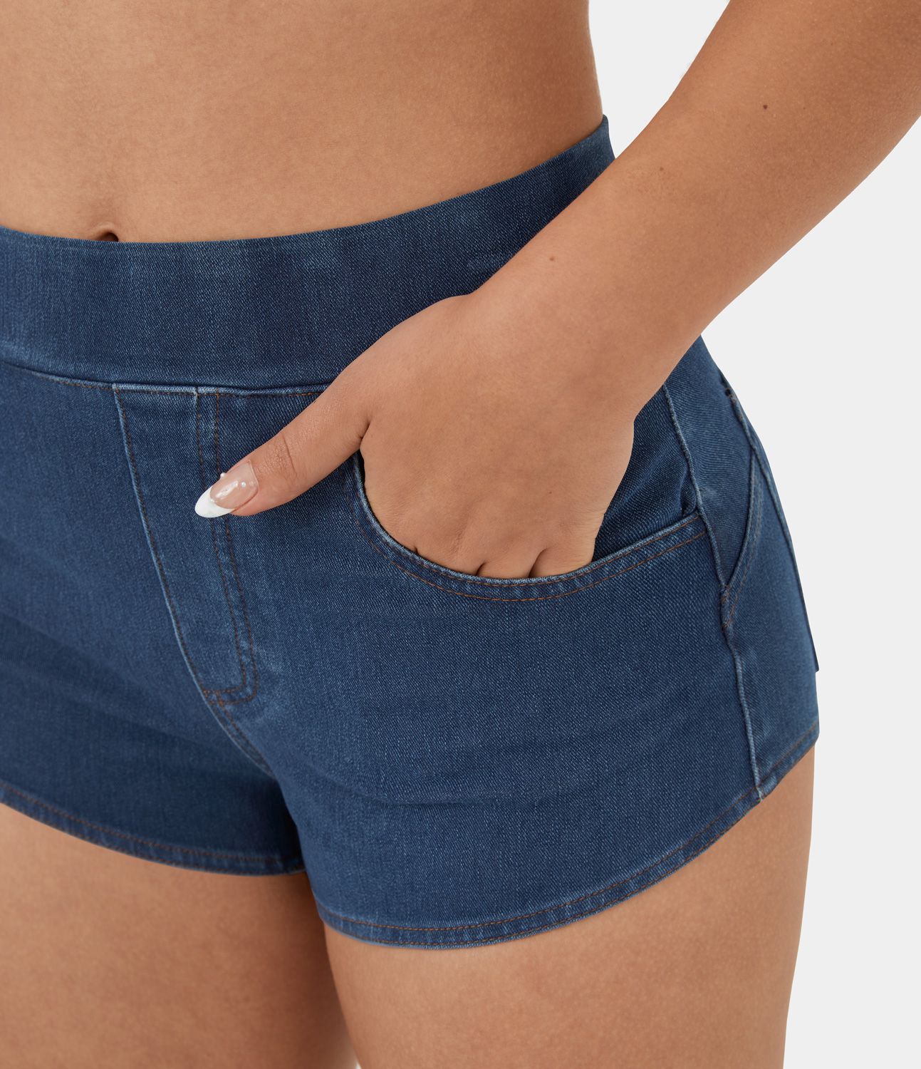 Halara Flex™ High Waisted Multiple Pockets Cool Touch Breathable Washed Stretchy Knit Denim Casual Shorts 2''
