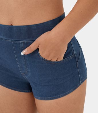 Halara Flex™ High Waisted Multiple Pockets Cool Touch Breathable Washed Stretchy Knit Denim Casual Shorts 2''