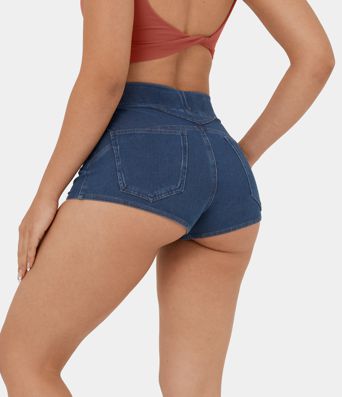 Halara Flex™ High Waisted Multiple Pockets Cool Touch Breathable Washed Stretchy Knit Denim Casual Shorts 2''