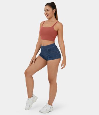 Halara Flex™ High Waisted Multiple Pockets Cool Touch Breathable Washed Stretchy Knit Denim Casual Shorts 2''