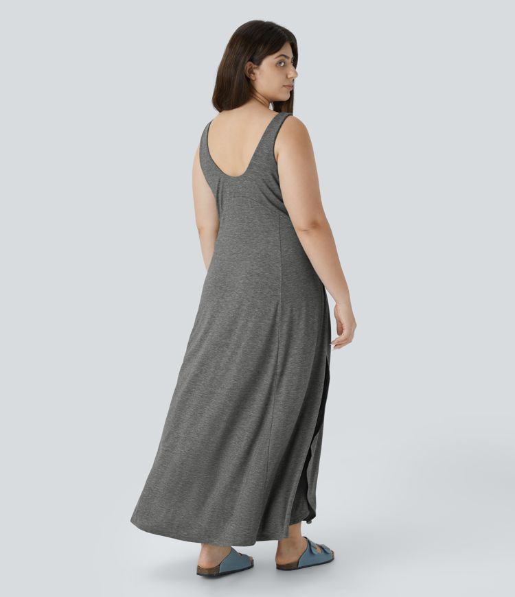 U Neck Backless Split Flowy Maxi Casual Plus Size Tank Dress