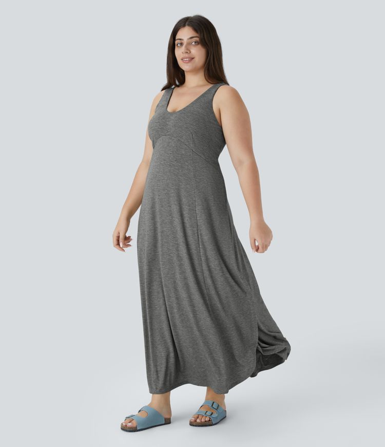 U Neck Backless Split Flowy Maxi Casual Plus Size Tank Dress