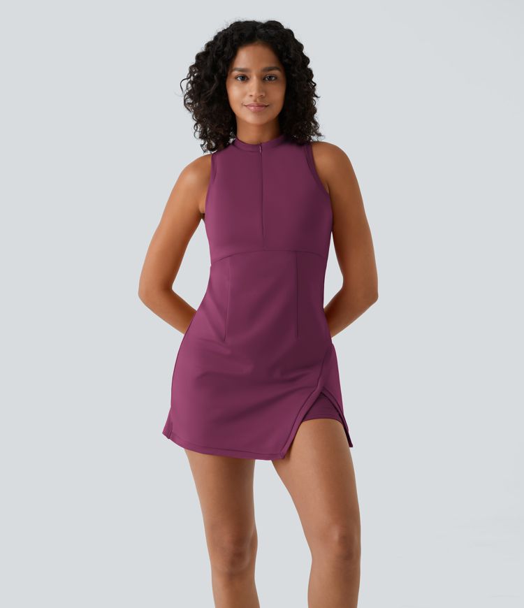 Zipper Racerback Split Side Pocket 2-Piece Mini Tennis Active Dress