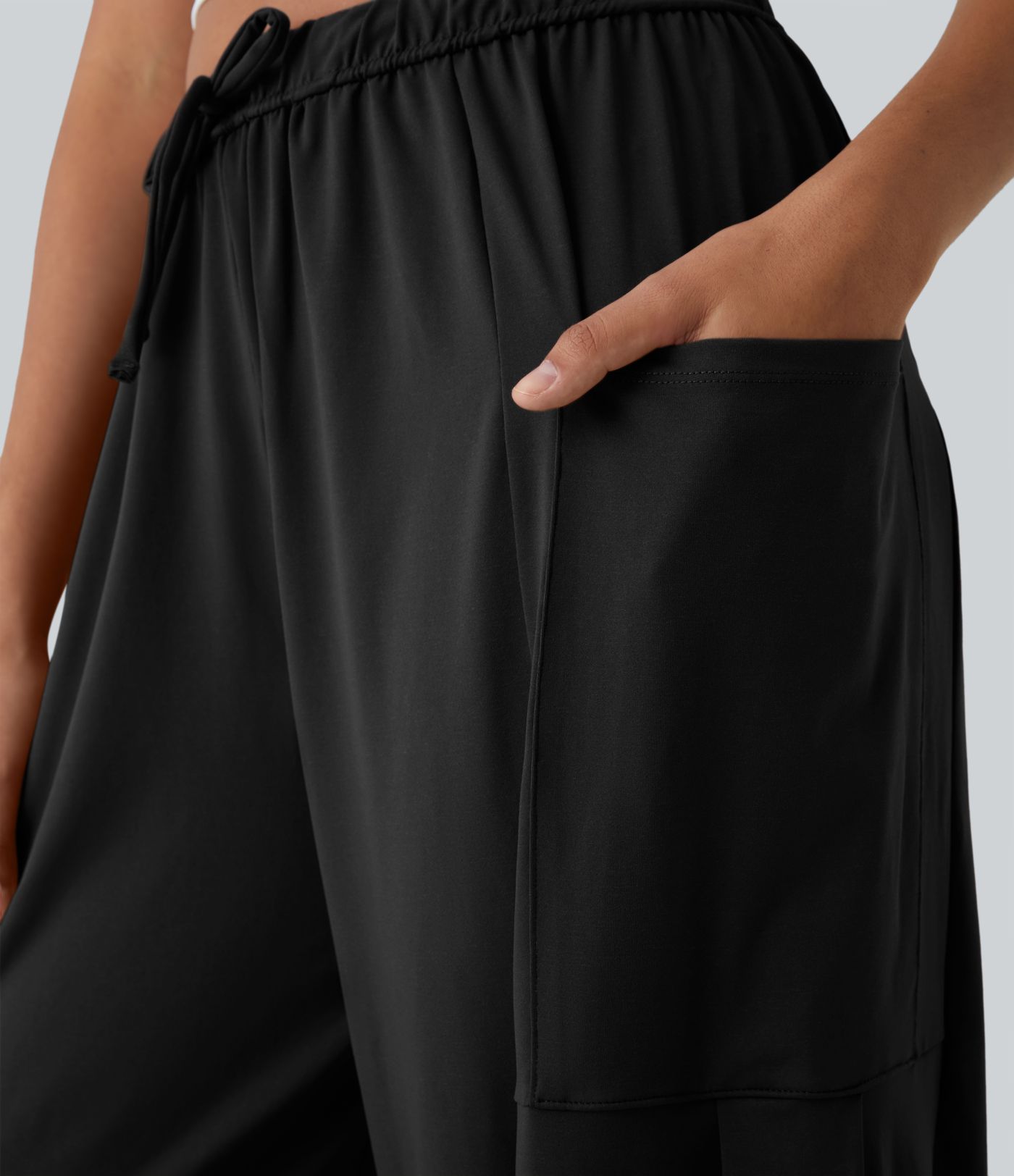 Mid Rise Elastic Waistband Drawstring Pocket Palazzo Flowy Wide Leg Casual Pants