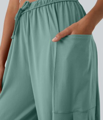 Mid Rise Elastic Waistband Drawstring Pocket Palazzo Flowy Wide Leg Baggy Casual Pants