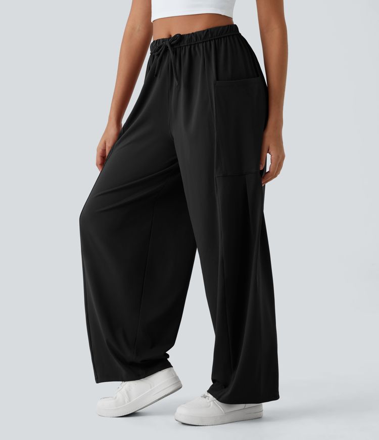 Mid Rise Elastic Waistband Drawstring Side Pocket Palazzo Flowy Wide Leg Casual Pants