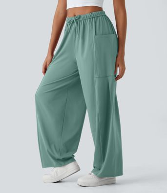 Mid Rise Elastic Waistband Drawstring Pocket Palazzo Flowy Wide Leg Baggy Casual Pants